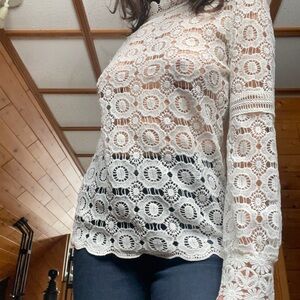 White Crochet Lace Long-Sleeve Blouse - Feminine Layering Top